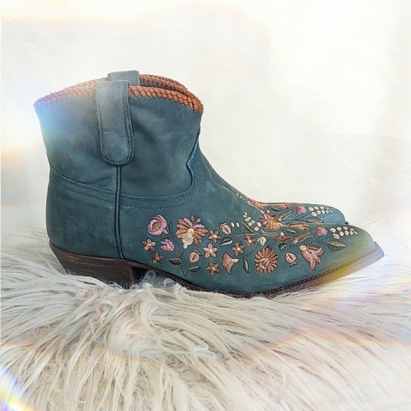 Floral Embroidered Handmade Teal Suede Boots